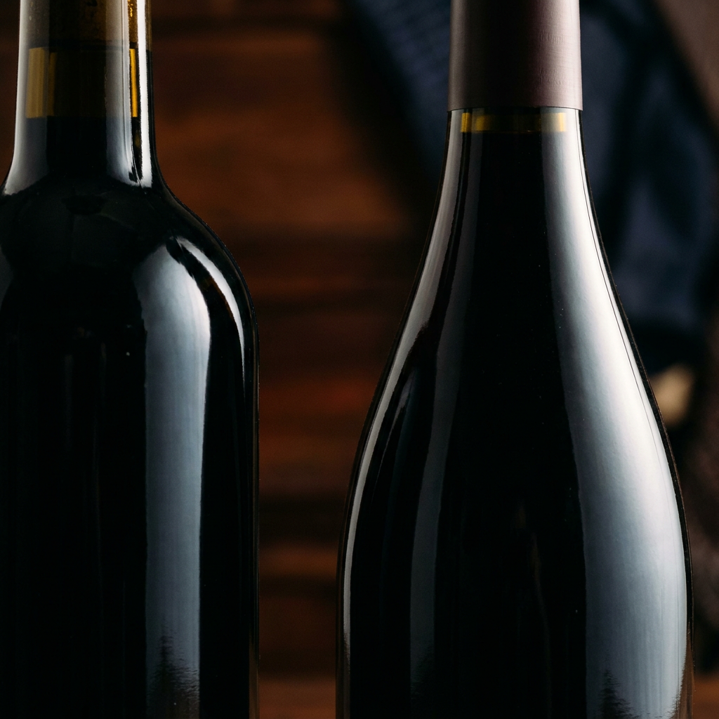 Nahaufnahme einer Bordeaux-Flasche und einer Burgunder-Flasche nebeneinander, Fokus auf den Schulterbereich