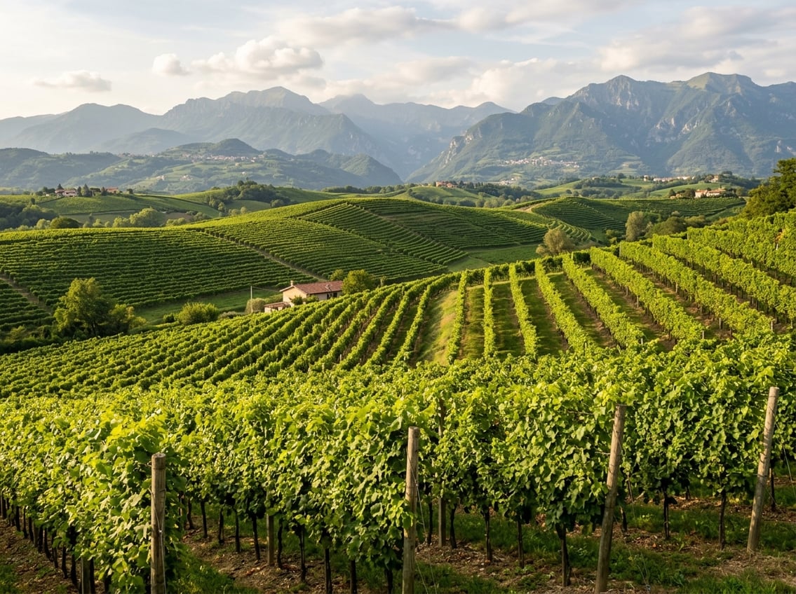 Weinlandschaft im Veneto mit den Alpen im Hintergrund