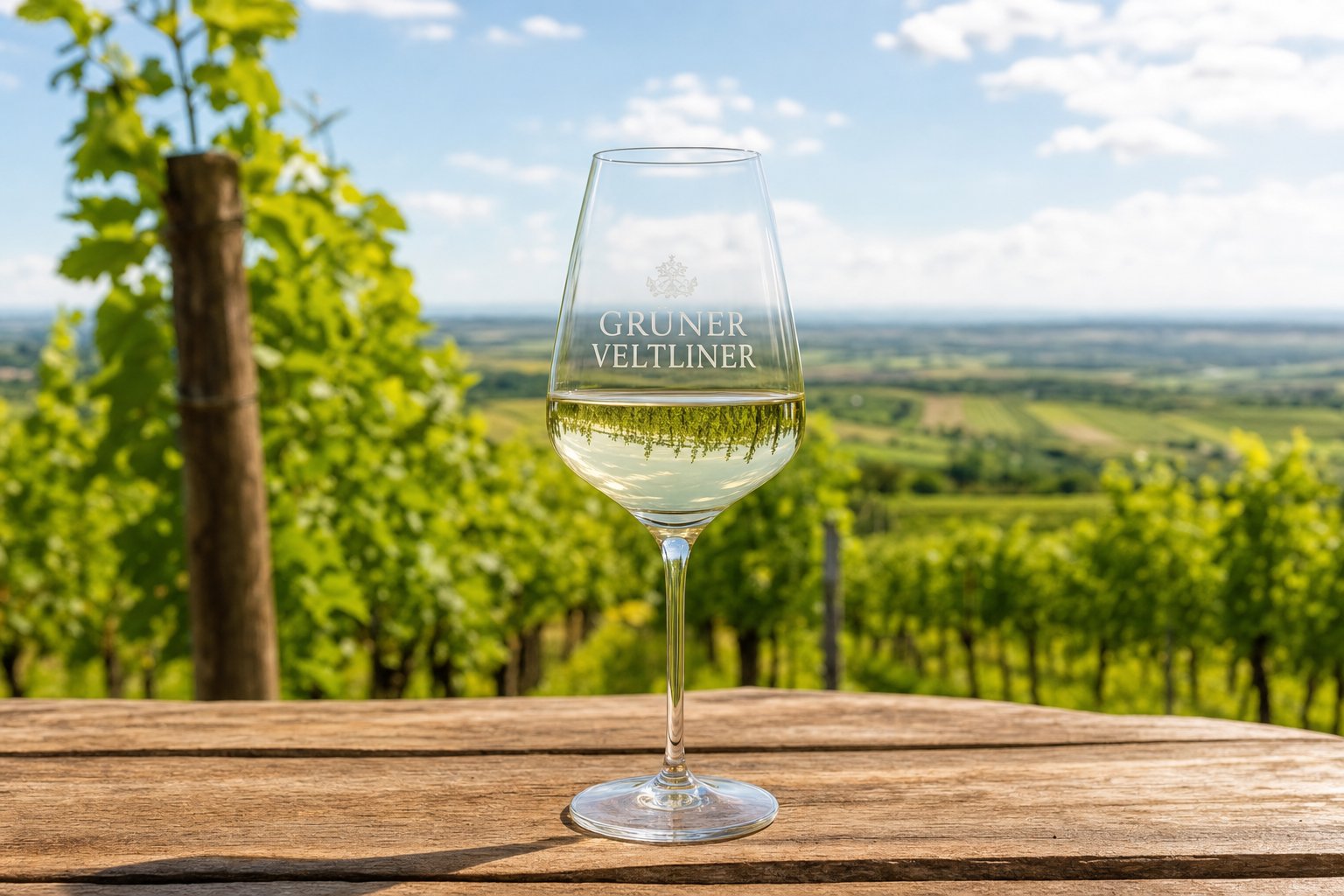 Glas Grüner Veltliner Weißwein vor den grünen Weinbergen des österreichischen Weinviertels