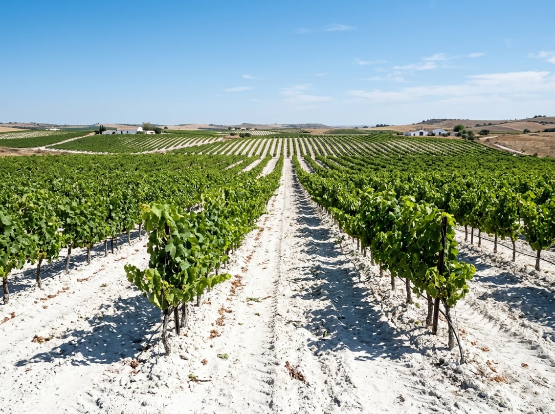 Reben auf weißem Albariza-Kreideboden in Andalusien