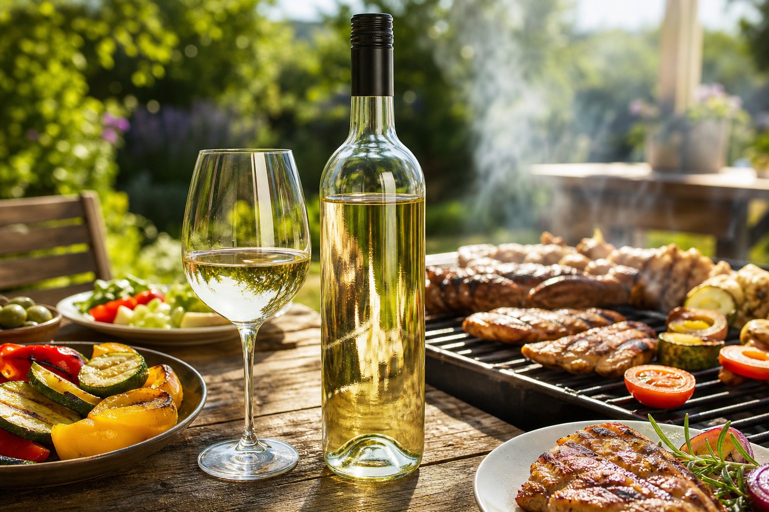 Flasche Sauvignon Blanc aus der Pfalz mit einem Glas Wein neben gegrilltem Fleisch und Gemüse auf einem Holztisch im Garten.