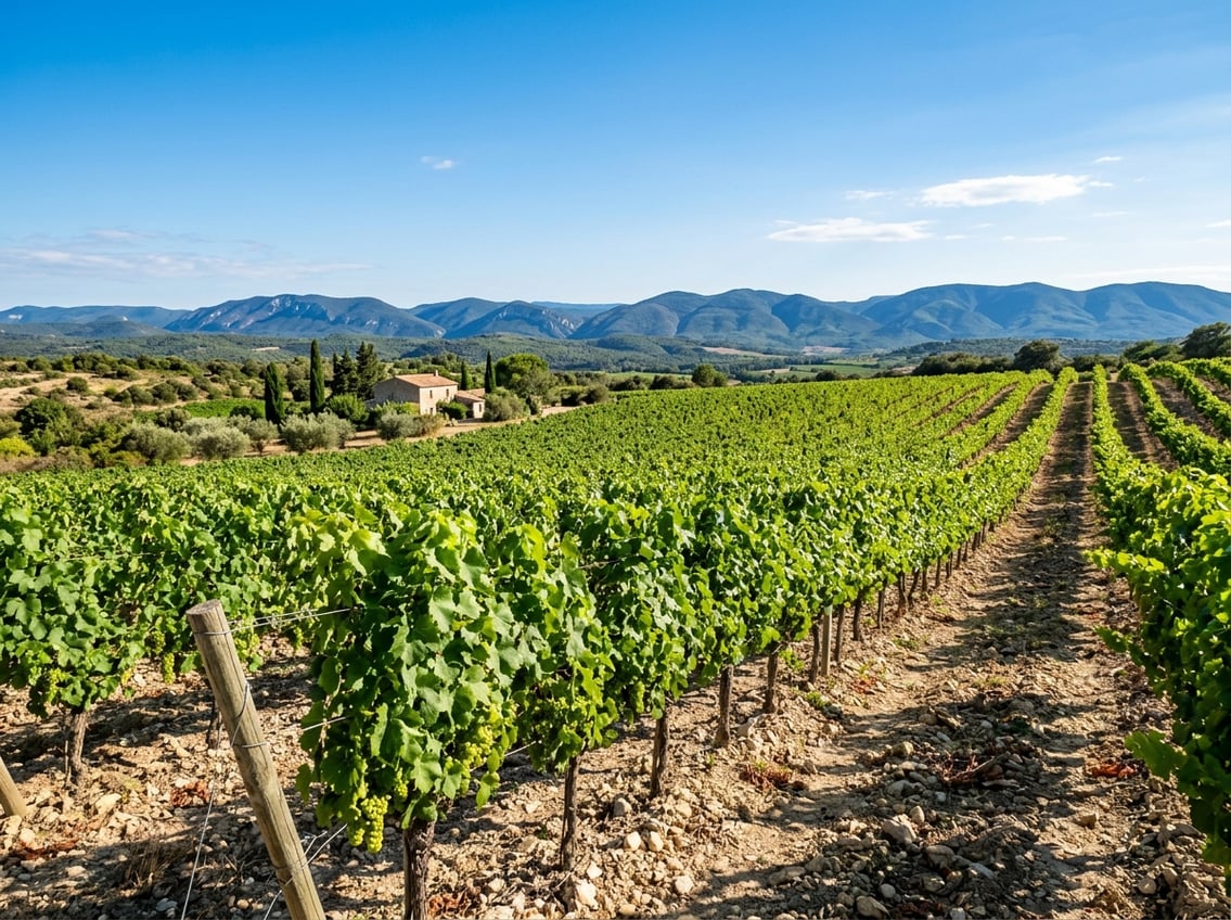 Kalksteinplateau mit Reben im Languedoc