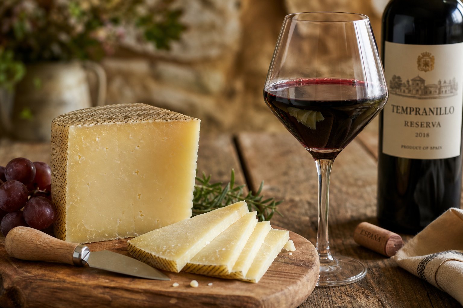 Eine Flasche Tempranillo Rioja Reserva mit einem Glas Rotwein und gereiftem Manchego auf einem Holztisch