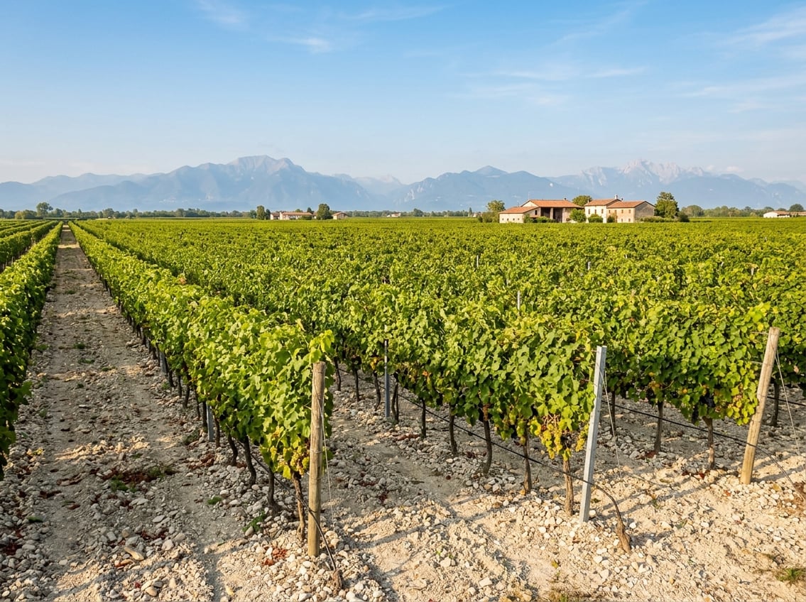 Weinberge in der Grave del Friuli mit den Julischen Alpen