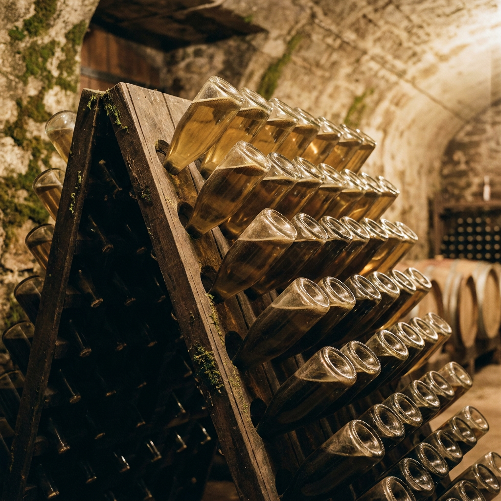 Crémant-Flaschen im Rüttelgestell (Pupitre) mit Hefedepot im Flaschenhals