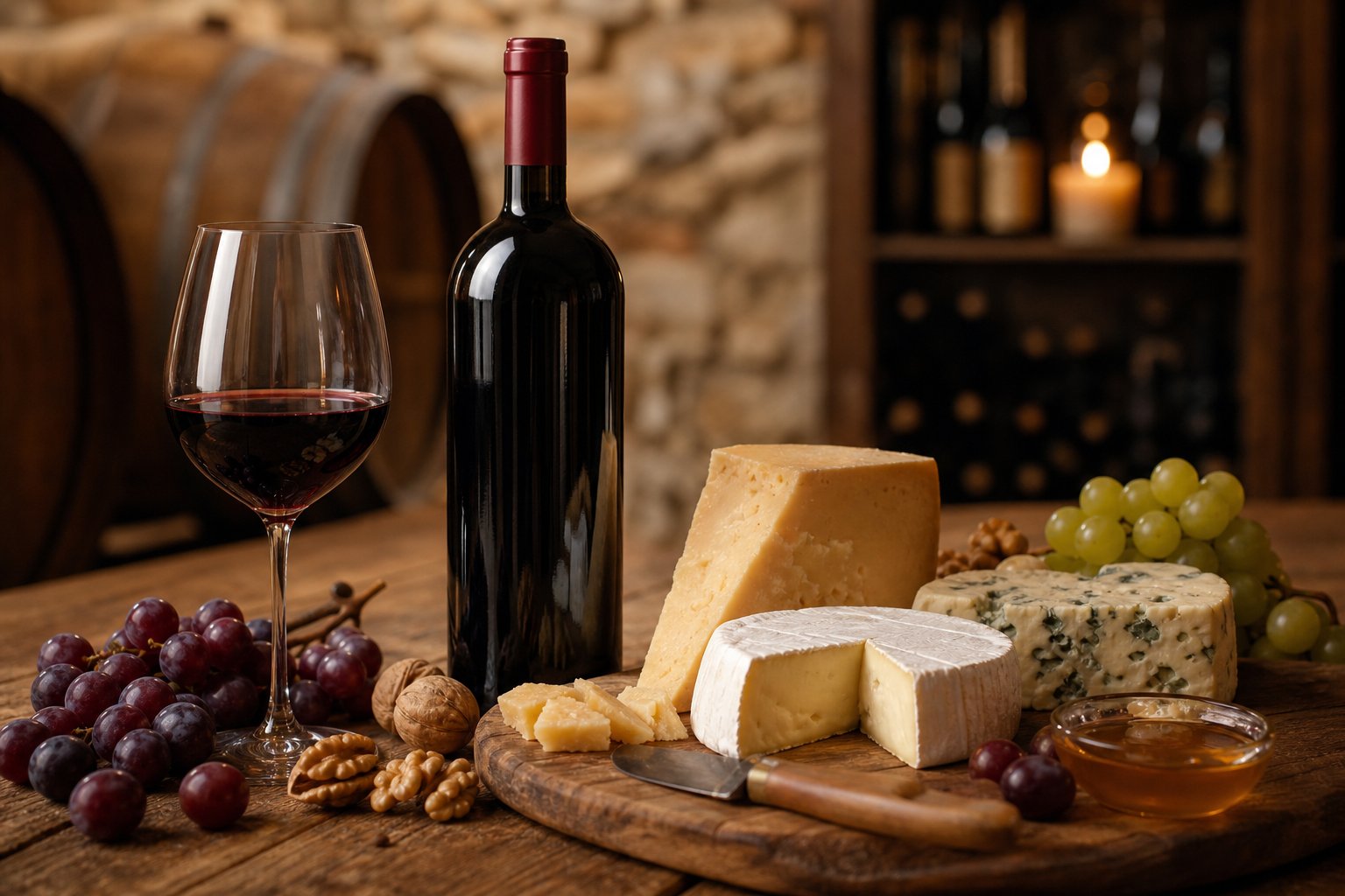 Eine Flasche Brunello di Montalcino neben einer Auswahl verschiedener Käsesorten auf einem Holztisch.