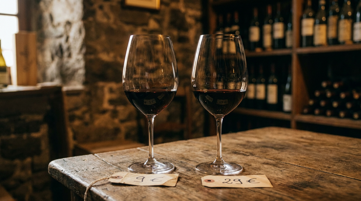 Zwei identische Gläser Rotwein nebeneinander, eines mit Preisschild 9 Euro, eines mit 29 Euro