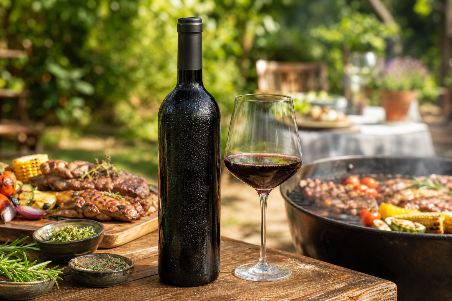 Eine Flasche gekühlter Zweigelt Wein aus Österreich steht auf einem Holztisch neben einem Glas Wein und einem Grill mit gegrilltem Essen im Garten.