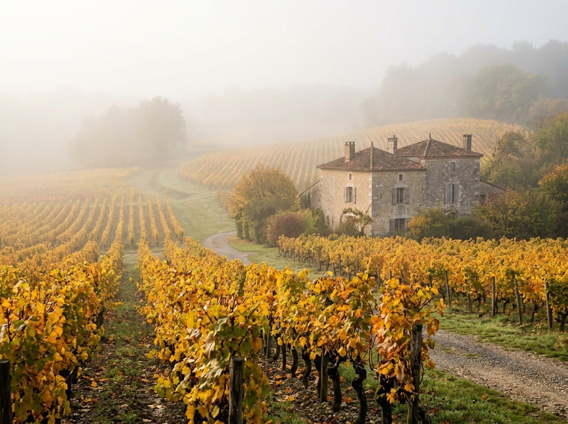 Herbstlicher Morgennebel über Weinbergen bei Sauternes