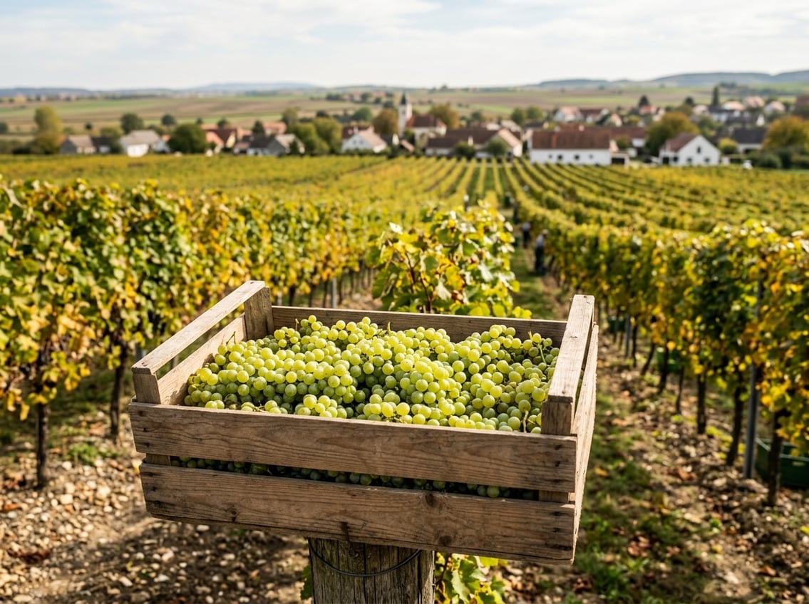 Frisch gelesene grüne Trauben in der Kiste zur Weinlese