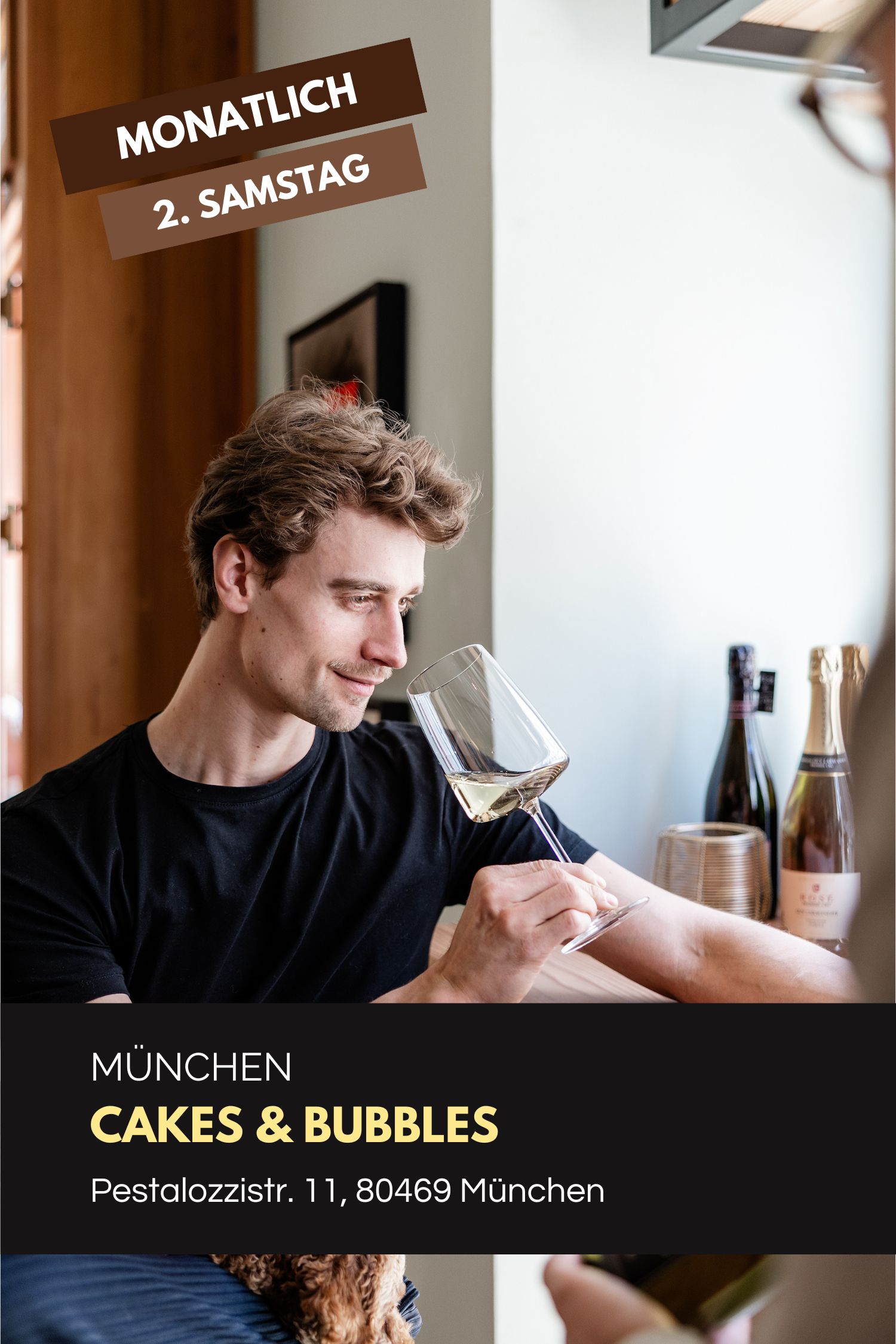 Kuchen und Schaumwein Event  Cover-bild mit jungem Mann, der wein Glas weißen Schaumwein genießt