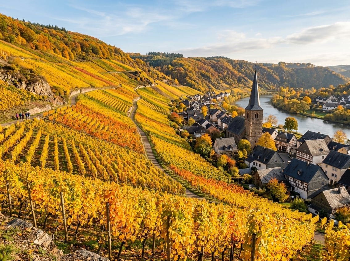 Goldene Herbstweinberge über einem deutschen Winzerdorf