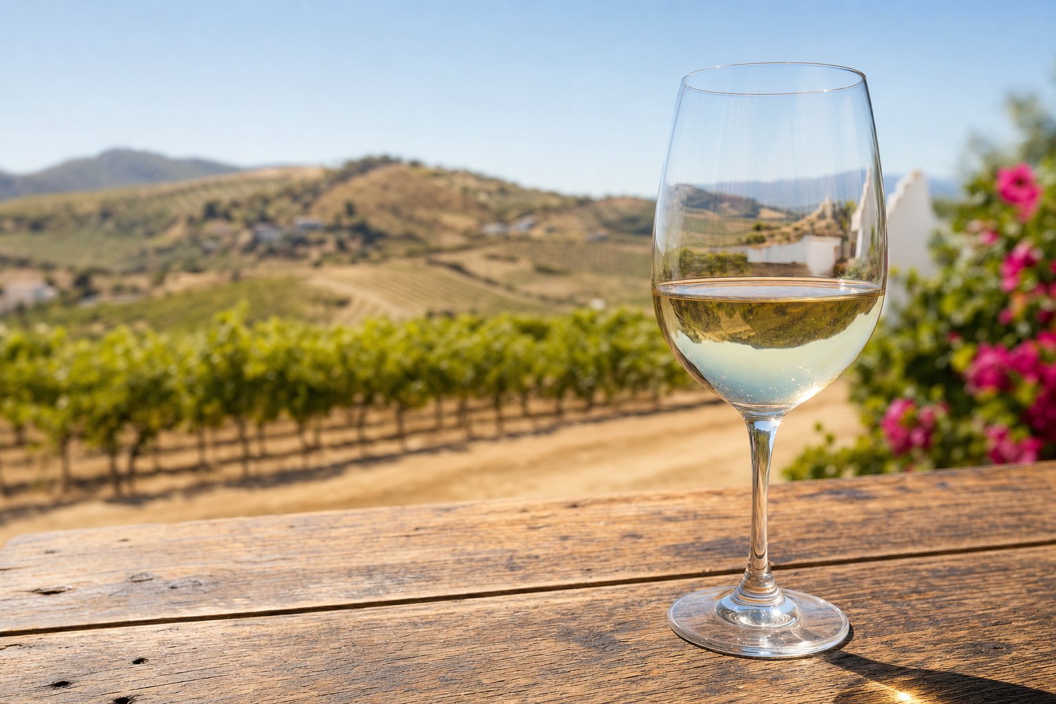 Glas trockener Palomino-Weißwein vor sonniger andalusischer Weinlandschaft in Südspanien