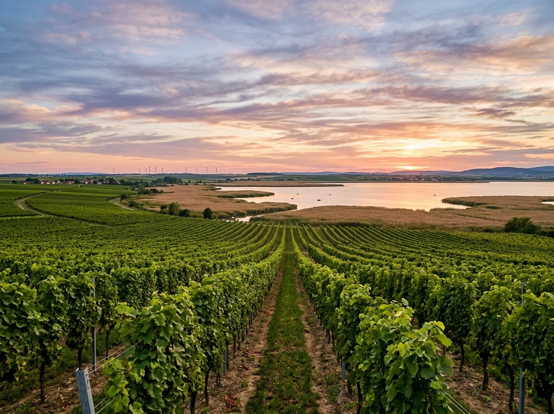 Pannonische Weinlandschaft mit See und Schilf im Burgenland