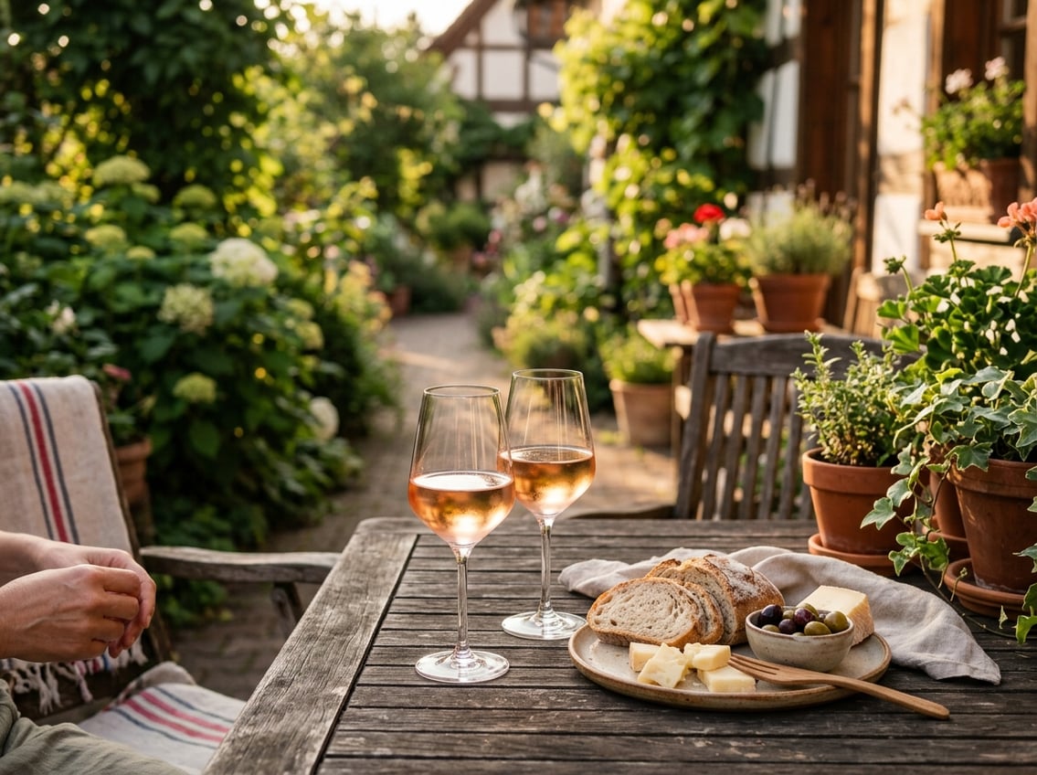 Sommerabend mit deutschem Rosé auf der Gartenterrasse