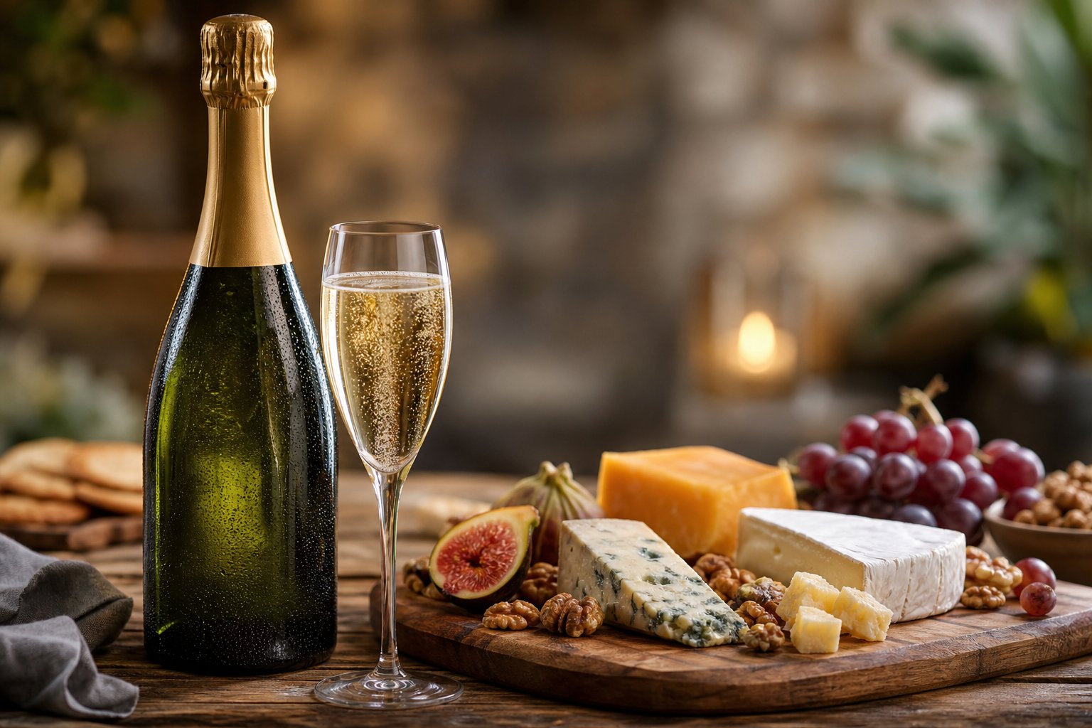 Eine Flasche Bollinger Special Cuvée Champagner neben einem Glas mit Champagner und einer Auswahl verschiedener Käsesorten auf einem Holztisch.