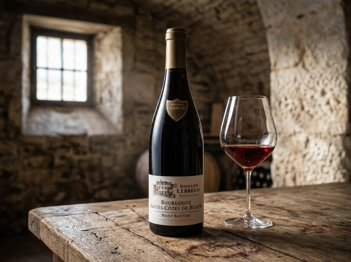Flasche Domaine Lebreuil Hautes-Côtes de Beaune mit Glas im Weinkeller