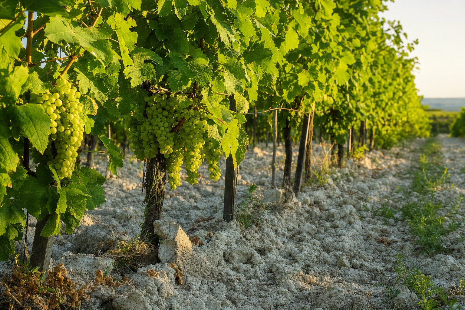 Weinreben auf hellem Lössboden in Niederösterreich im warmen Nachmittagslicht