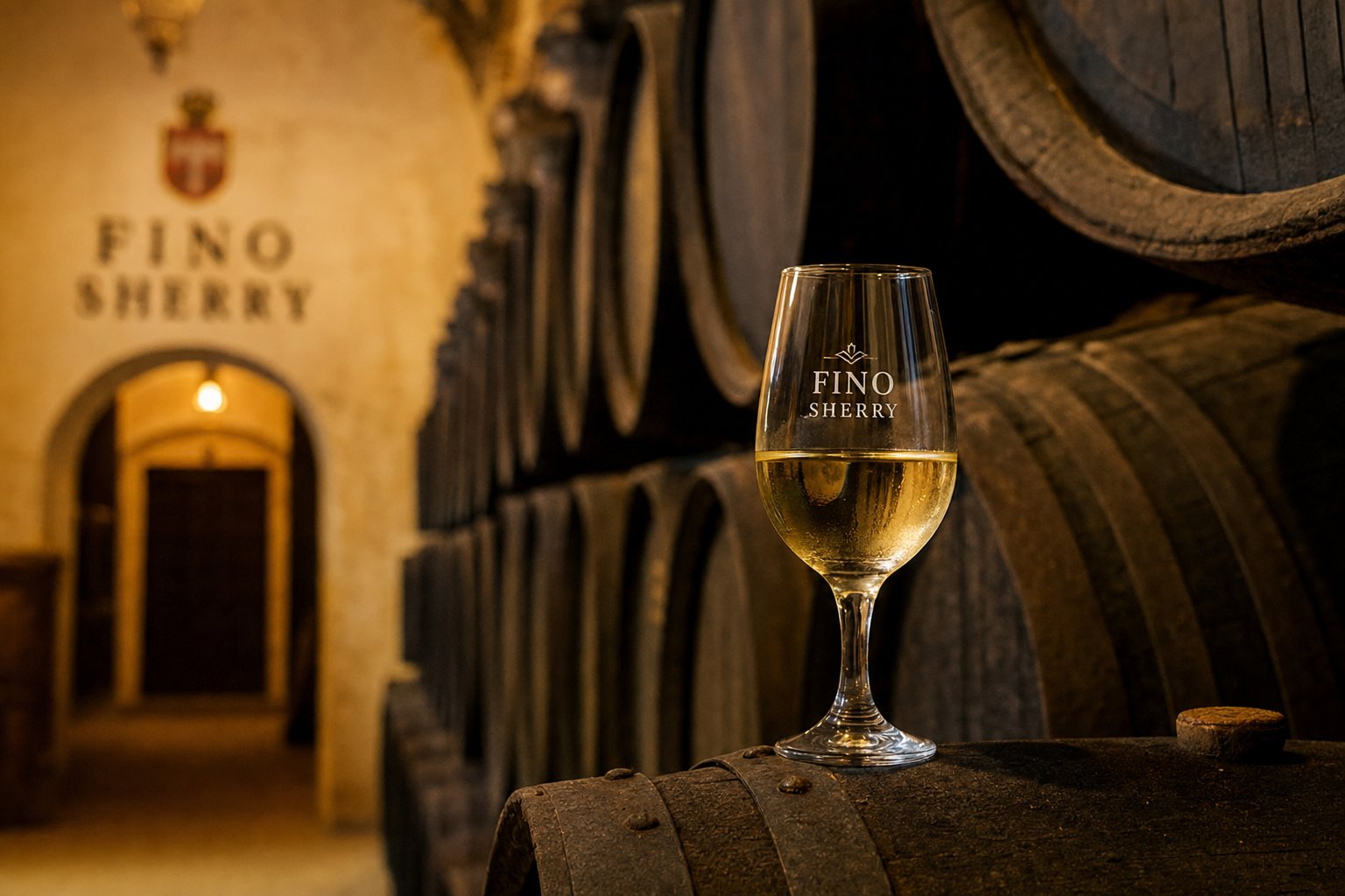 Copita-Glas mit hellem Sherry vor Sherry-Fässern in einer andalusischen Bodega