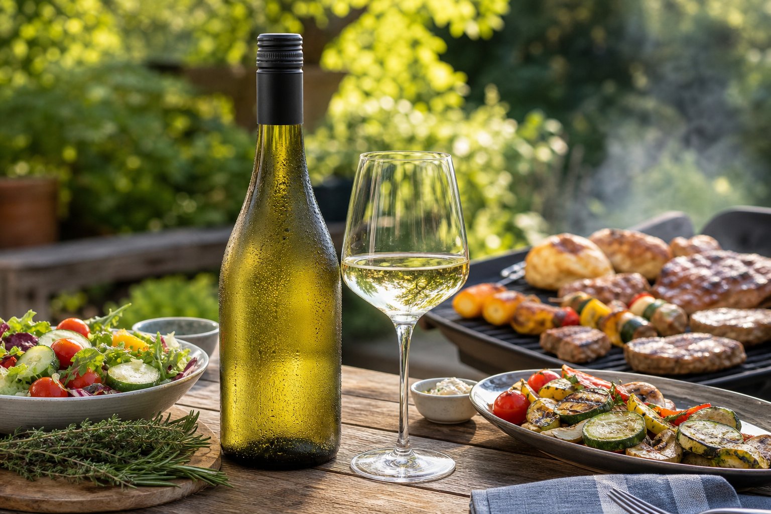 Flasche Weißburgunderwein und gefülltes Weinglas auf einem Holztisch neben Grillgut und frischen Kräutern im Garten.