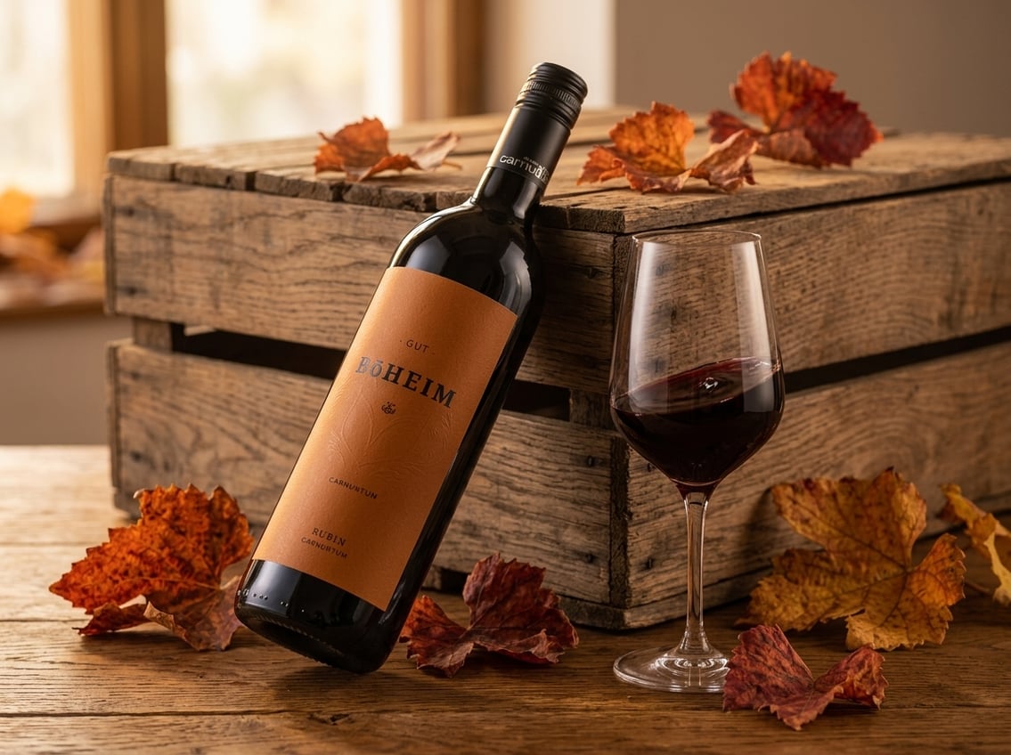 Zweigelt Rubin Carnuntum vom Weingut Böheim mit Glas Rotwein
