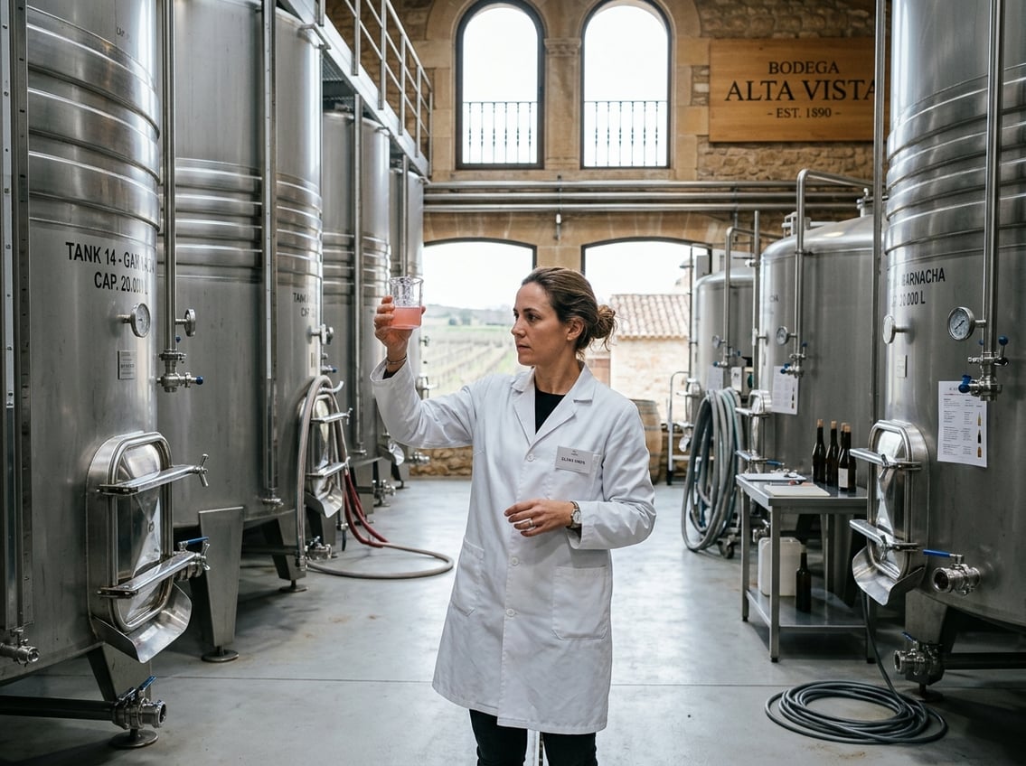 Rosé-Herstellung in Spanien: Winzer prüft hellen Most an Edelstahltanks