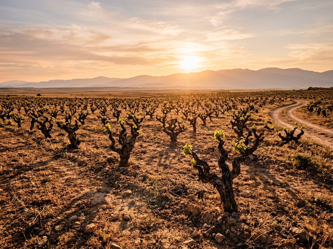 Alte Garnacha-Buschreben in der Abendsonne Nordspaniens