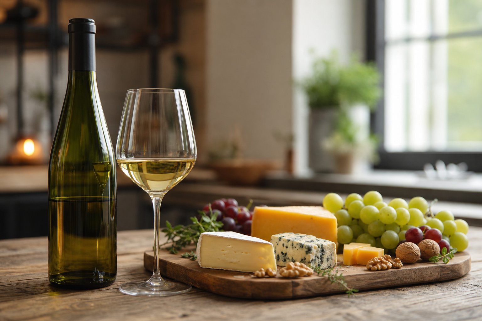 Eine Flasche Riesling Kabinett aus der Moselregion steht auf einem Holztisch neben einem gefüllten Weinglas und einer Auswahl verschiedener Käsesorten auf einem Käsebrett mit Trauben und Nüssen.