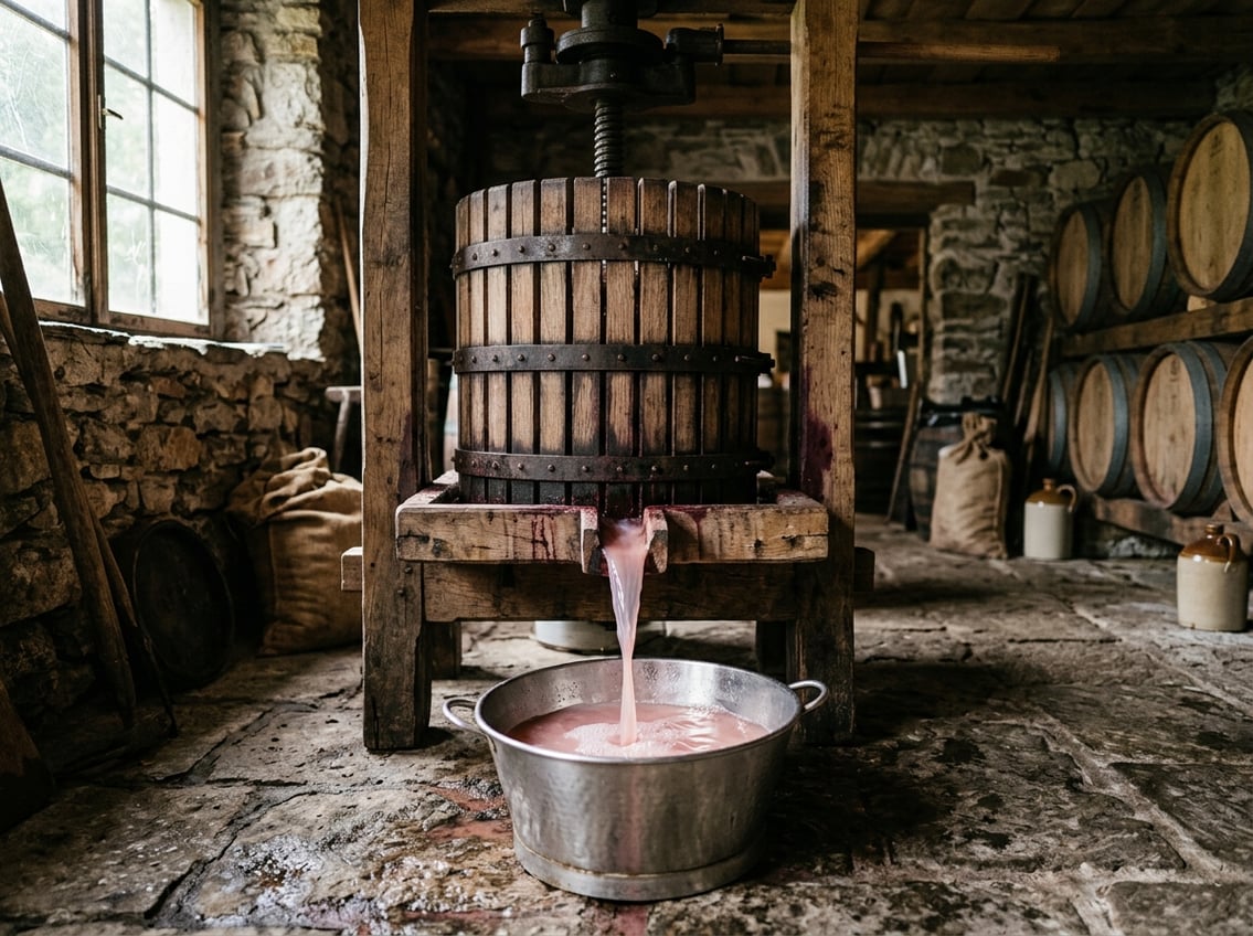 Frisch gepresster Most fließt aus der Korbpresse bei der Rosé-Bereitung