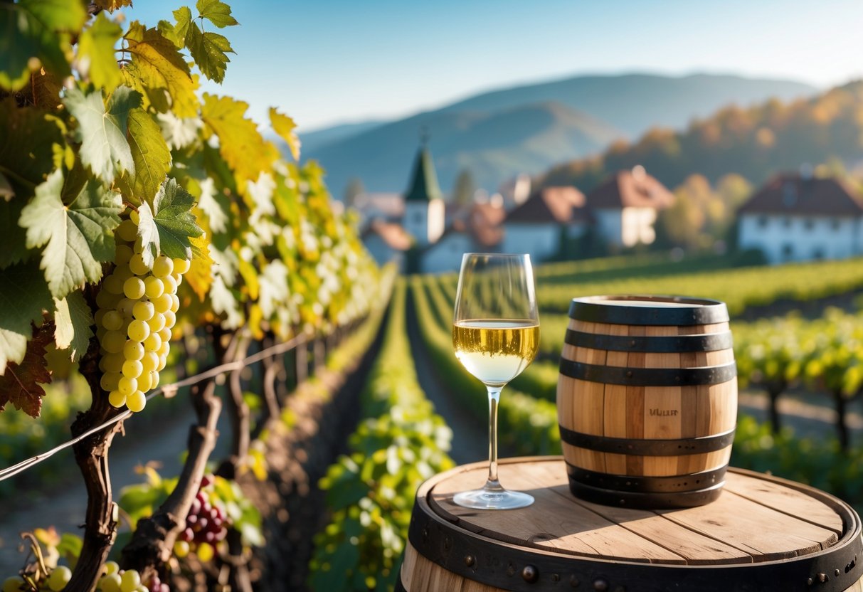 Müller-Thurgau Weinberg mit reifen Trauben, Weinfass und einem Glas Weißwein vor einem Dorf