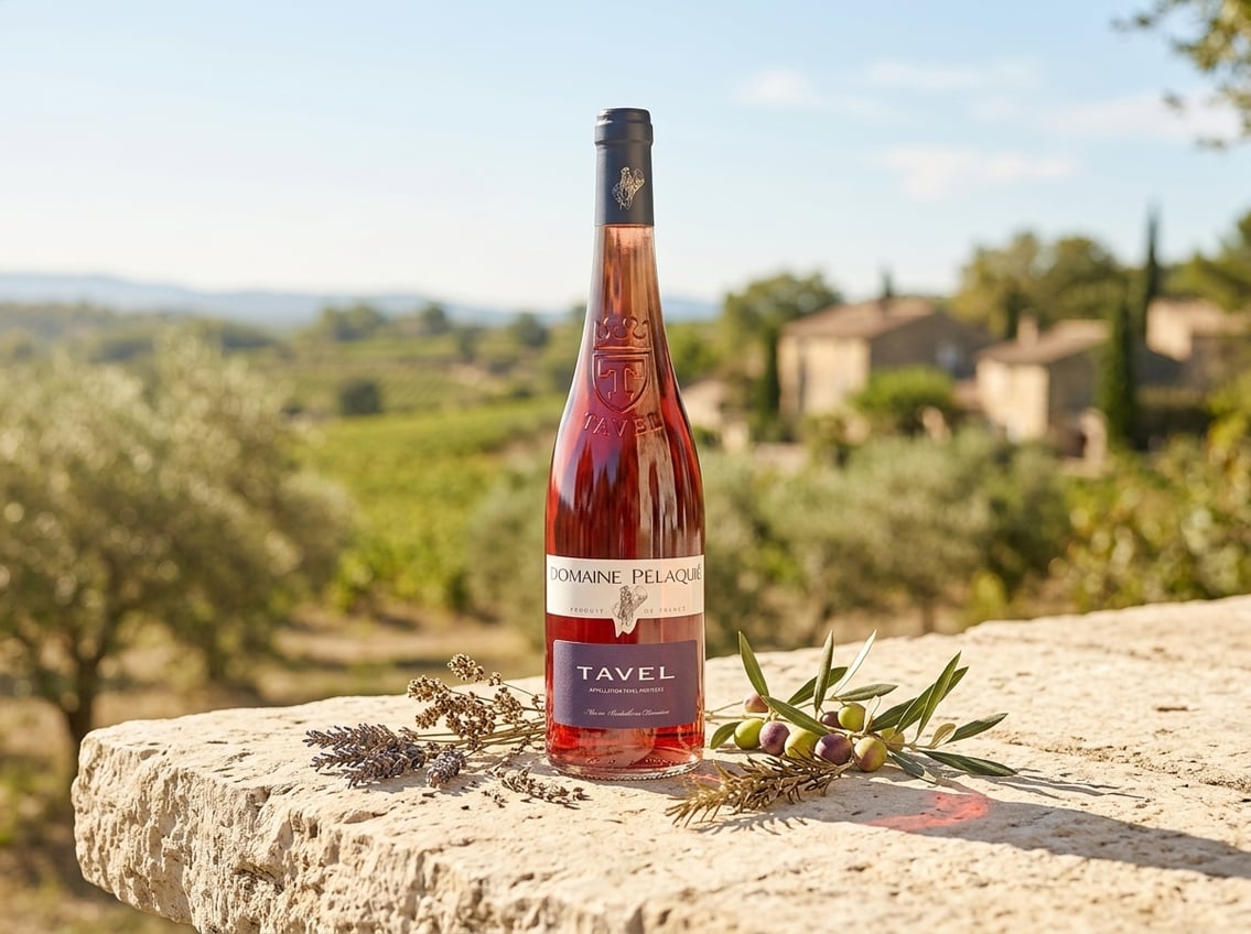 Flasche Domaine Pélaquié Tavel Rosé auf einer Steinmauer in der südlichen Rhône