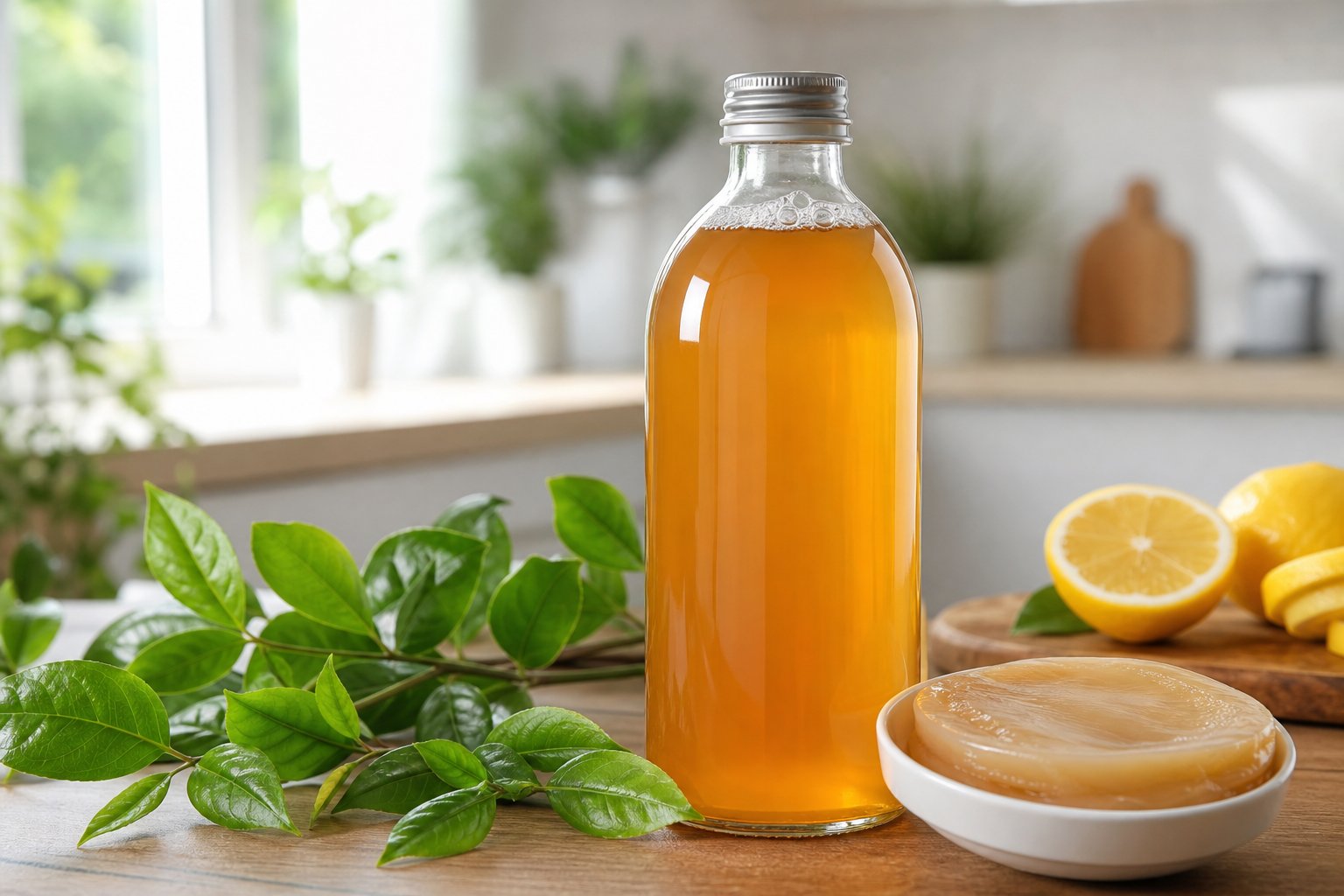 Glasflasche mit bernsteinfarbenem Kombucha neben einer Schale mit Kombucha-Kultur, Teeblättern und Zitronenscheiben