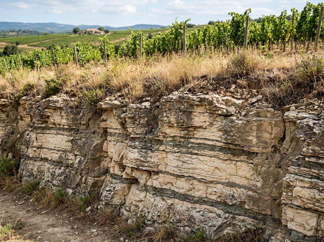 Kalkstein-Mergel-Gestein am Rand eines Languedoc-Weinbergs