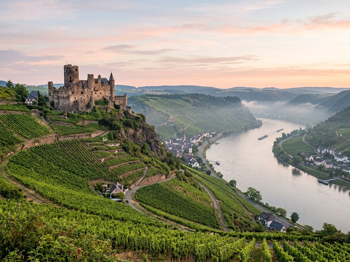 Burgruine über steilen Weinbergen am Rhein