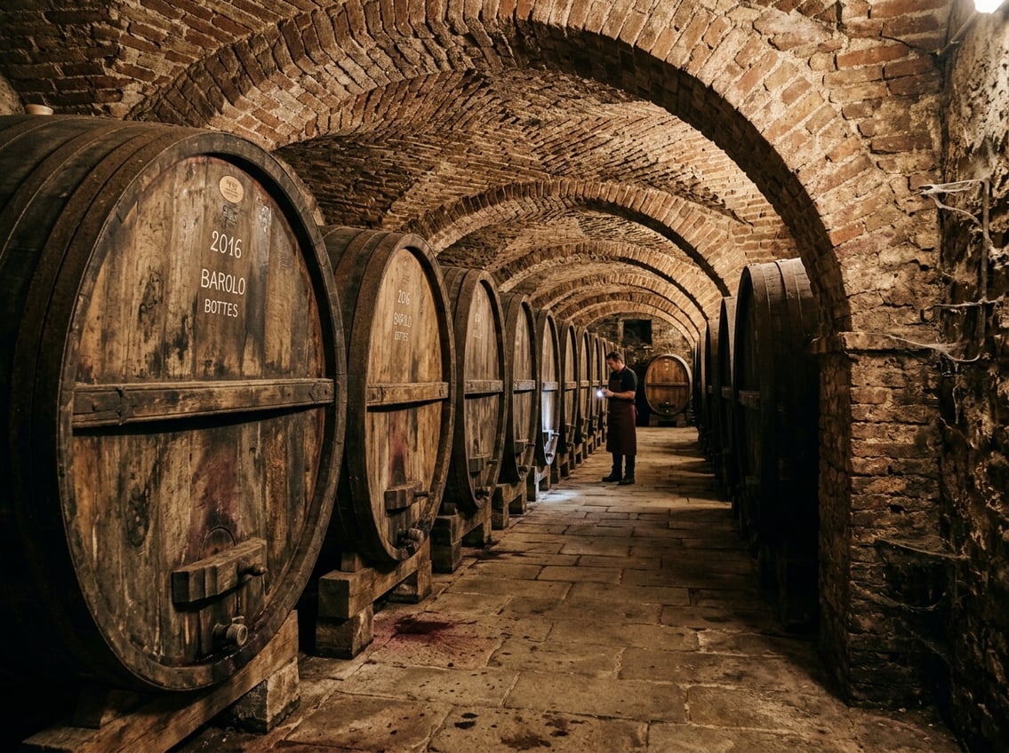 Große Holzfässer im historischen Weinkeller eines italienischen Guts