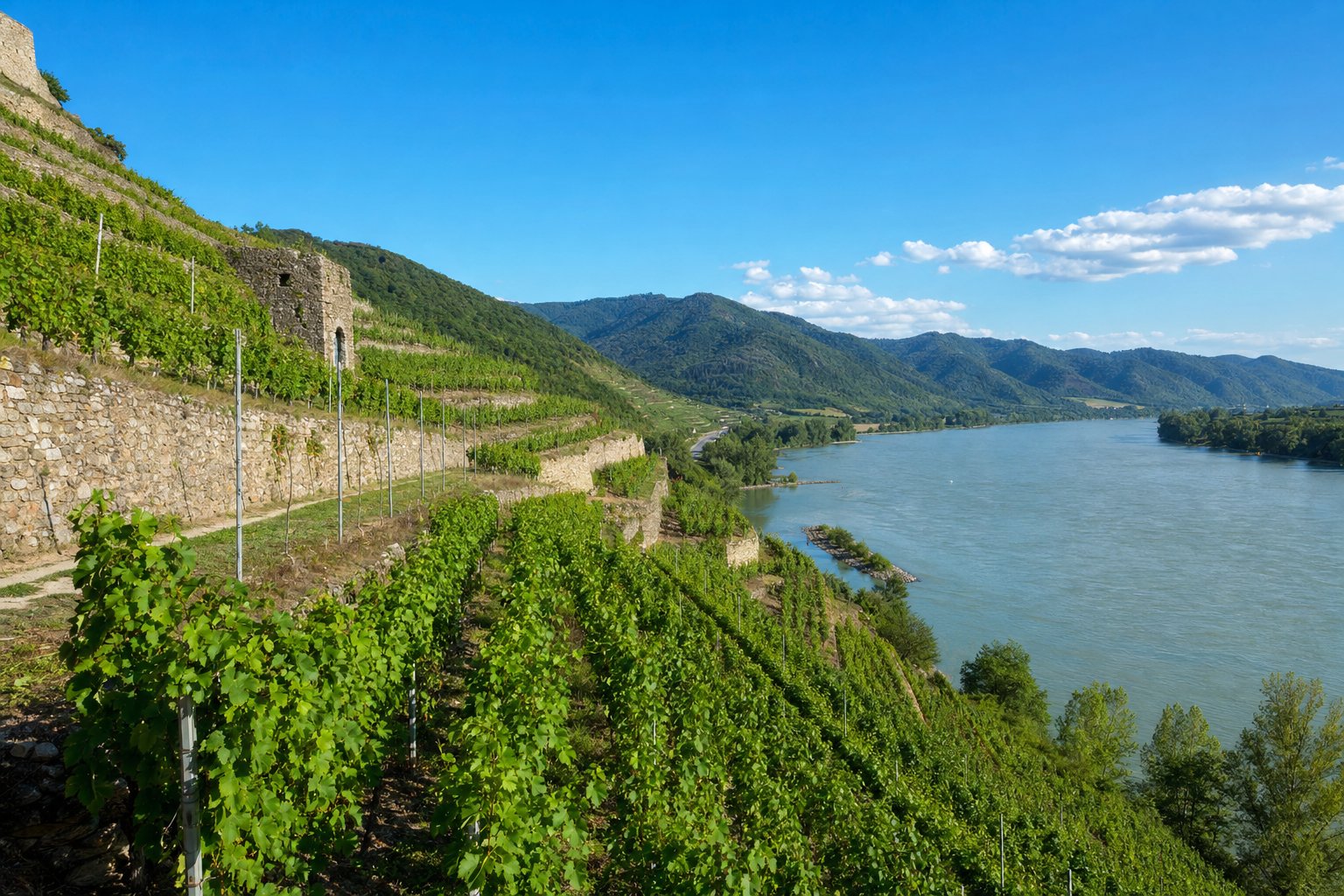 Terrassierte Weinberge an der Donau in der Wachau in Österreich