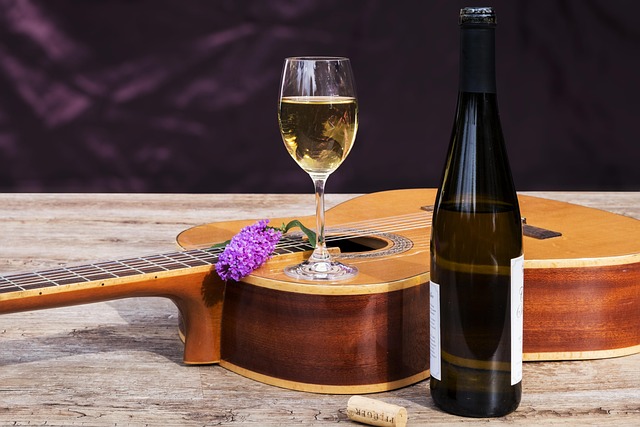 Ist Wein vegan - Weißweinglas steht auf einer Gitarre