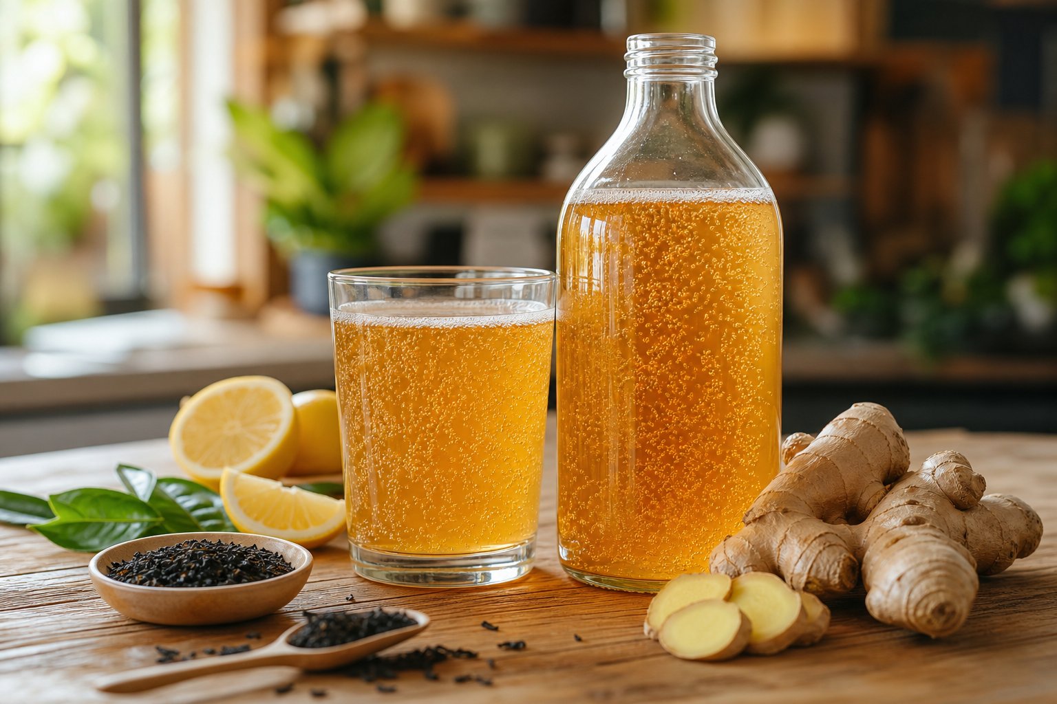 Flasche und Glas Kombucha auf einem Holztisch, umgeben von frischem Ingwer, Zitronenscheiben und Teeblättern