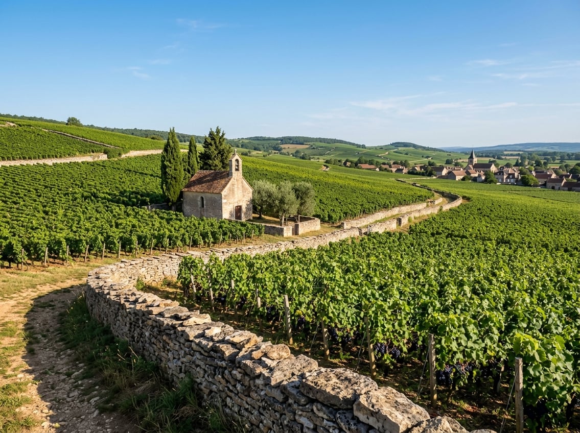 Weinberge mit Steinmauern und Kapelle im Burgund