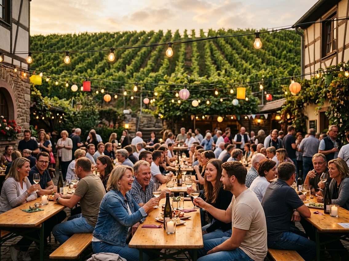 Weinfest mit Lichterketten in einem deutschen Weinguts-Hof
