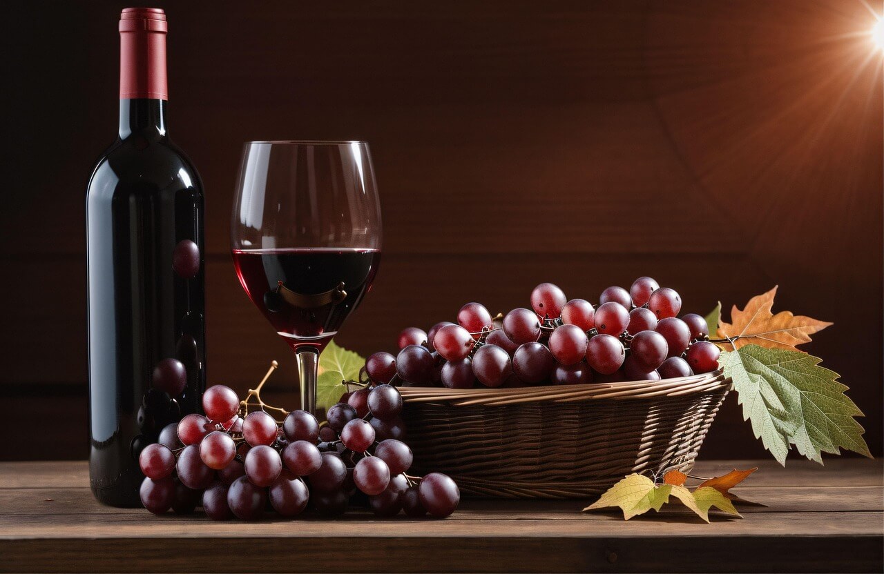 Eine Flasche 12 e mezzo Primitivo del Salento mit geflltem Glas und Weintrauben