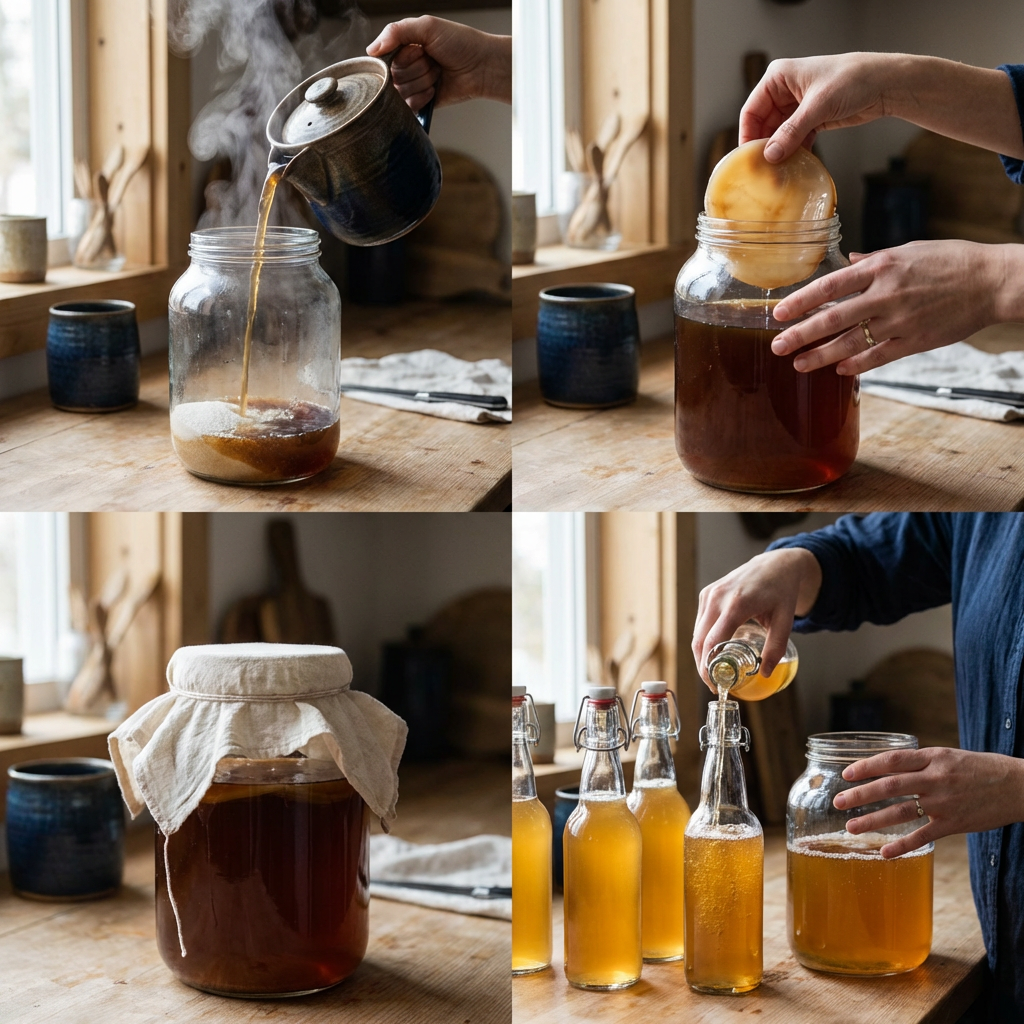 Schritt-fuer-Schritt-Collage--Tee-aufbruehen--SCOBY