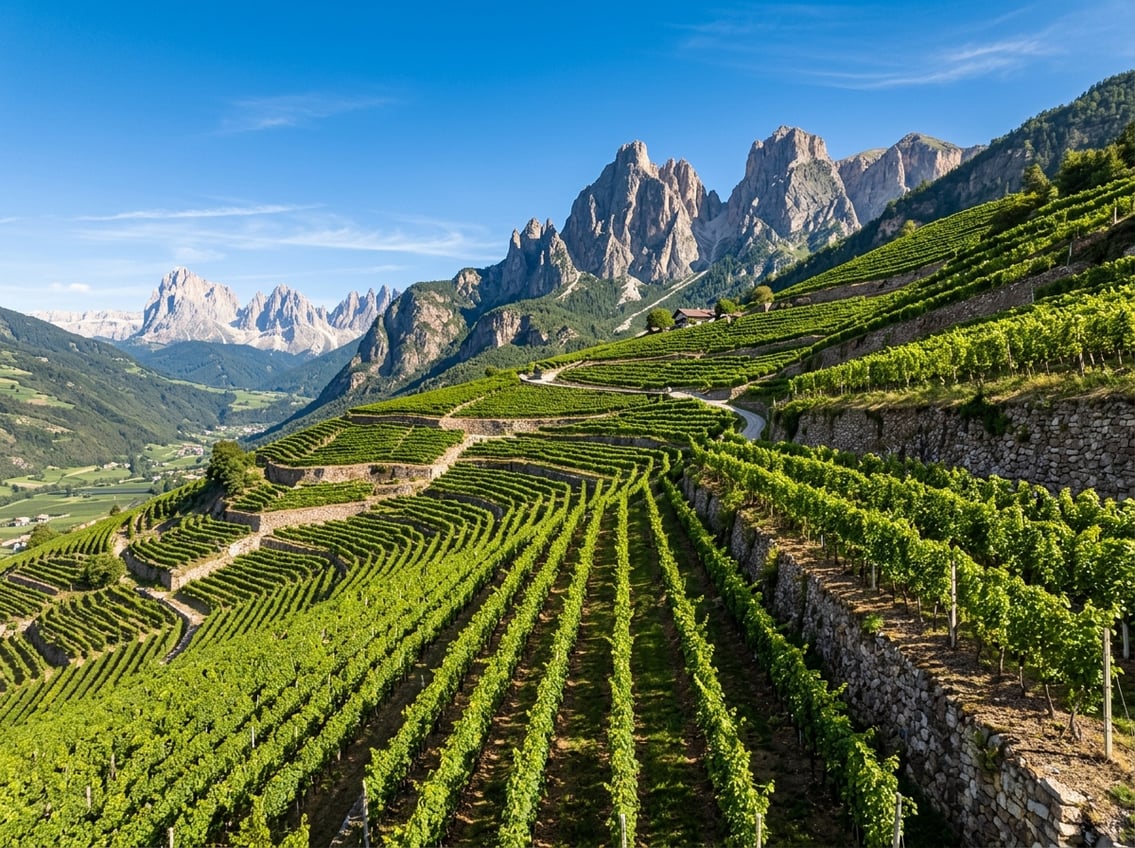 Weinberge in Südtirol vor den Gipfeln der Dolomiten