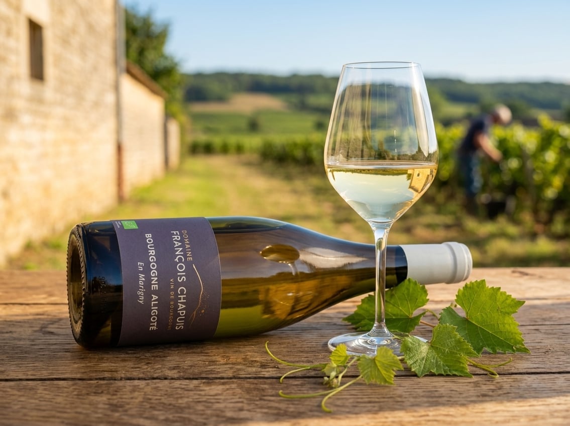Flasche Domaine François Chapuis Bourgogne Aligoté liegend mit Glas Weißwein