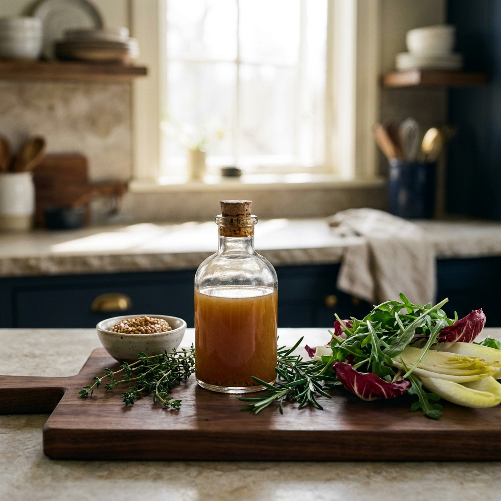 Kleine Glasflasche mit Kombucha-Vinaigrette neben frischen Kräutern, Senf und Salat