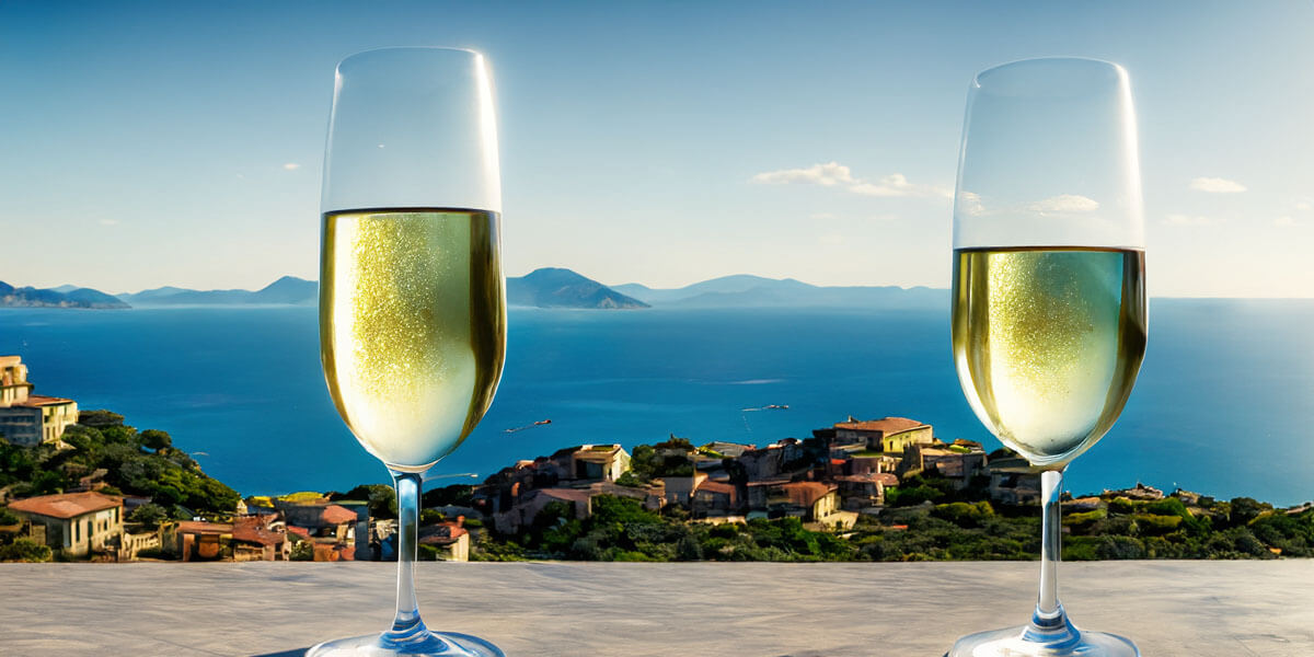 Italienische Küste, davor italienischer Schaumwein in Gläsern