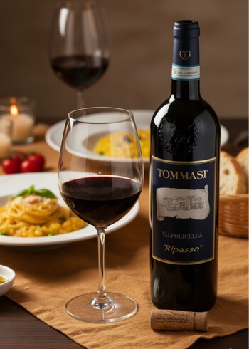 Corvina in Glas neben Flasche