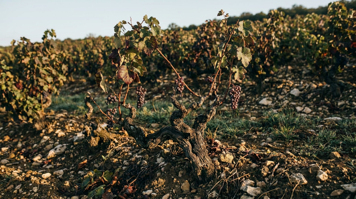 Weinberg mit niedrigen Erträgen, einzelne Trauben an einem alten Rebstock im Morgenlicht