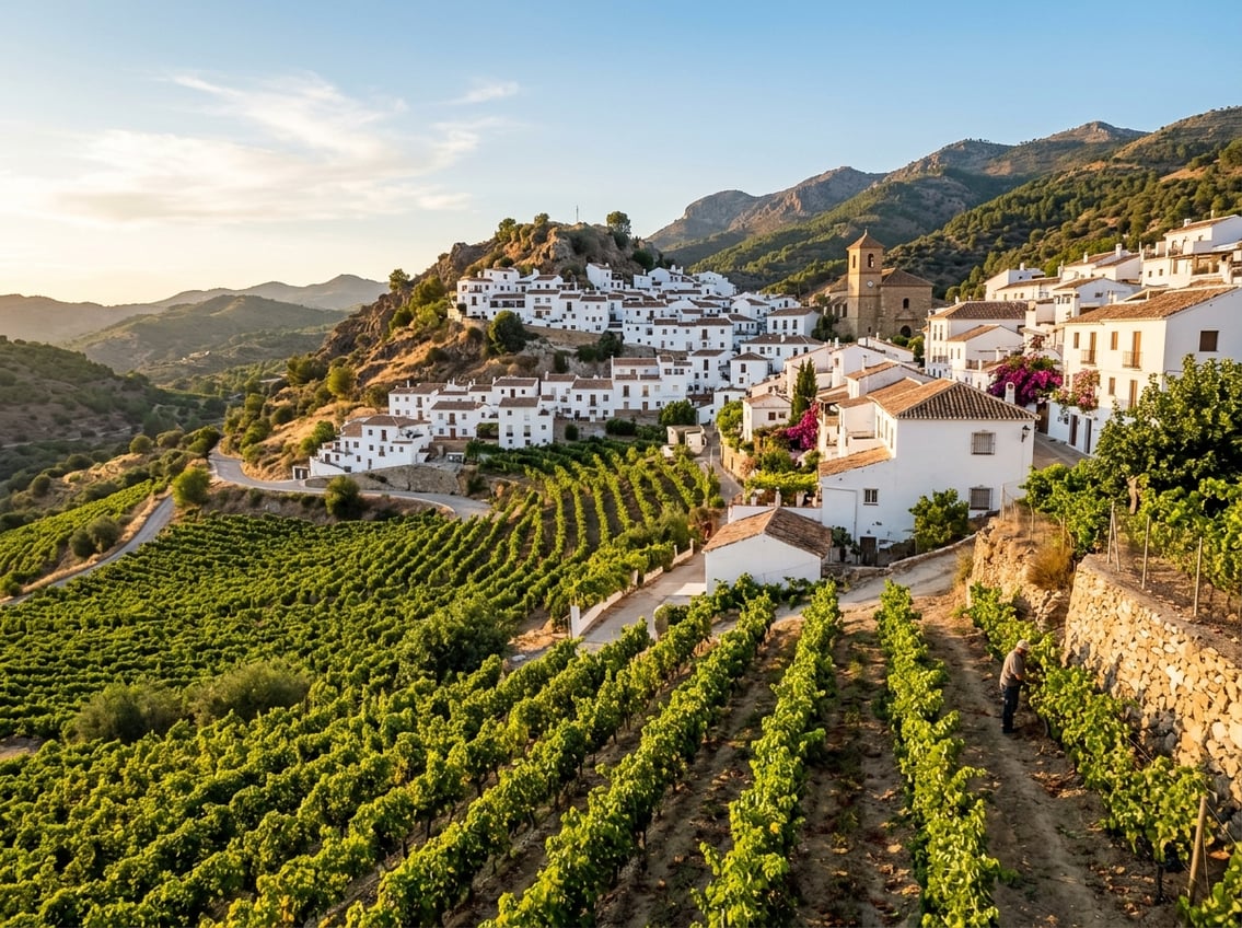 Weißes spanisches Dorf inmitten von Weinbergen am Abend