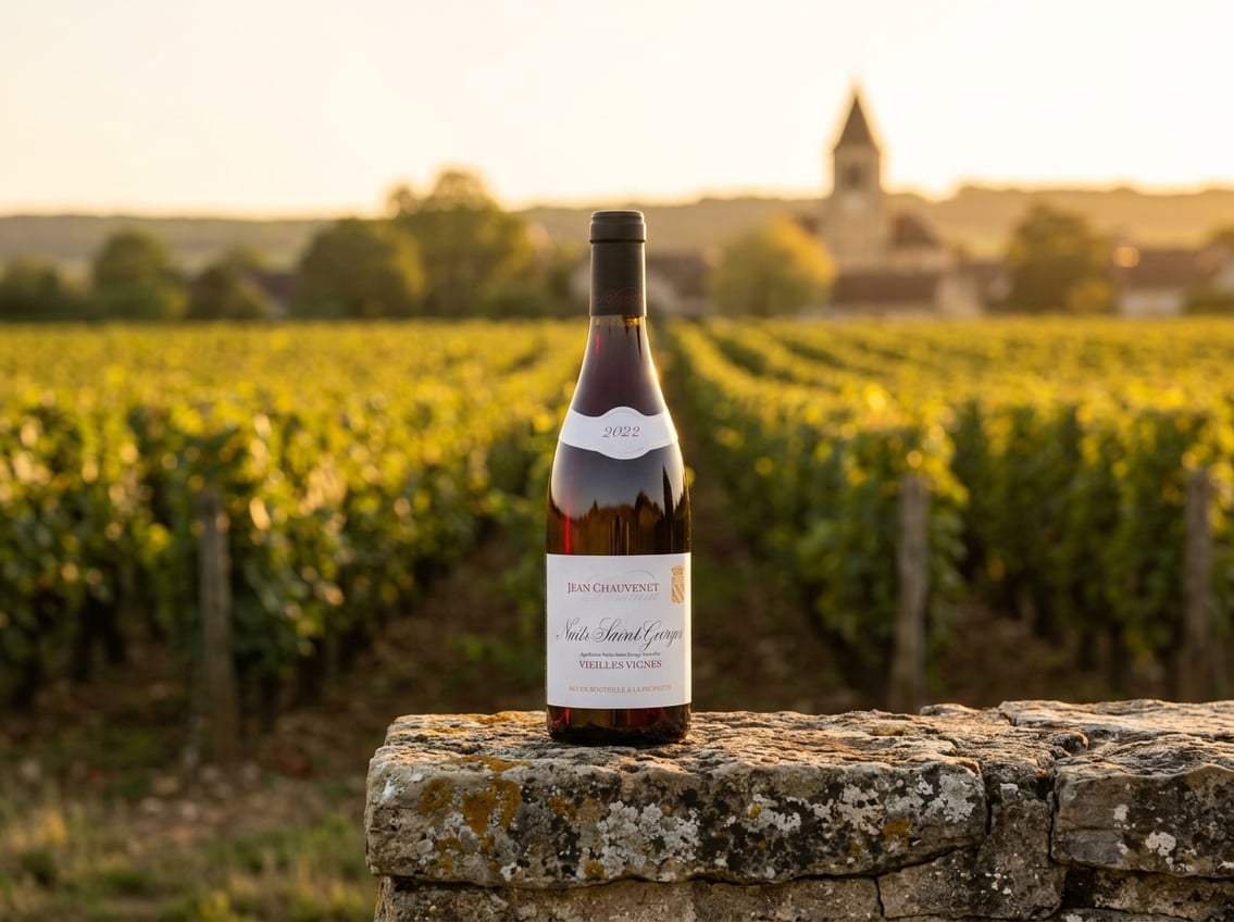 Flasche Jean Chauvenet Nuits-Saint-Georges Vieilles Vignes im Weinberg der Côte de Nuits
